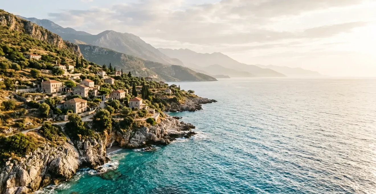 Dramatic Albanian landscape showcasing turquoise Riviera waters meeting rugged mountains