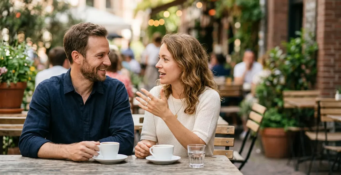 Man and woman engaged in genuine conversation with meaningful eye contact at outdoor cafe
