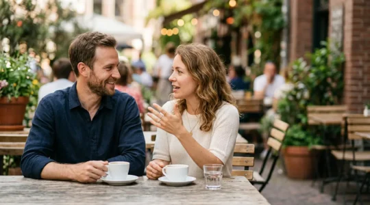 Man and woman engaged in genuine conversation with meaningful eye contact at outdoor cafe
