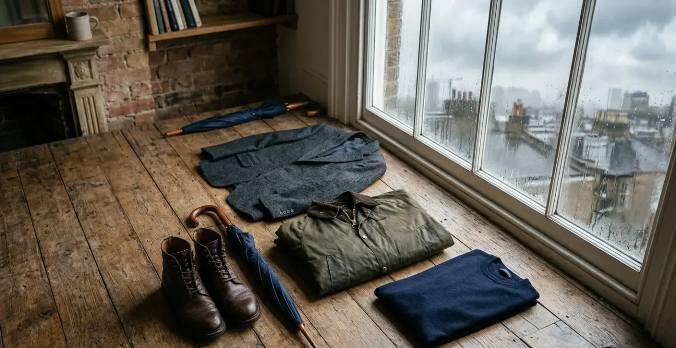 British man's layered capsule wardrobe pieces displayed against rainy London backdrop