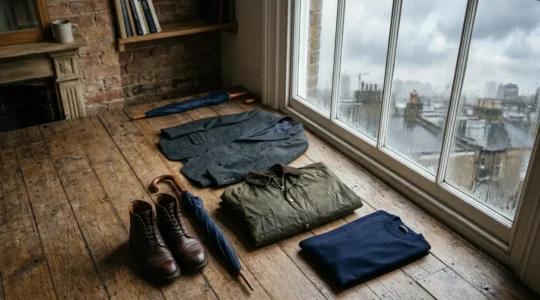 British man's layered capsule wardrobe pieces displayed against rainy London backdrop