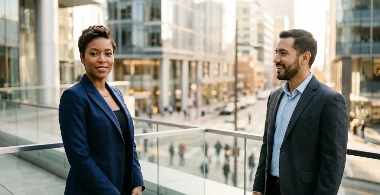 Confident professional woman and man meeting in modern urban business environment