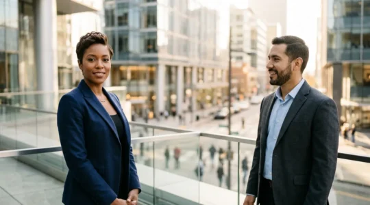 Confident professional woman and man meeting in modern urban business environment