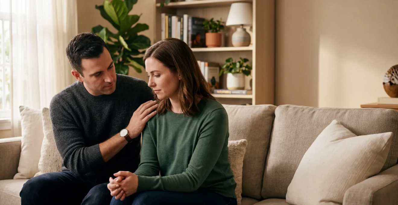 Couple having supportive conversation in warm living room setting