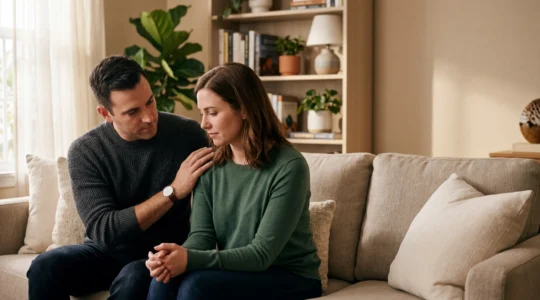 Couple having supportive conversation in warm living room setting