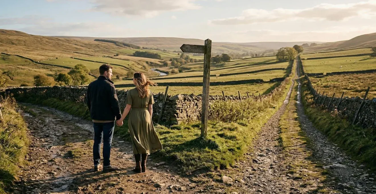 Couple at crossroads symbolizing relationship transitions and growth