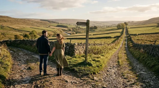 Couple at crossroads symbolizing relationship transitions and growth