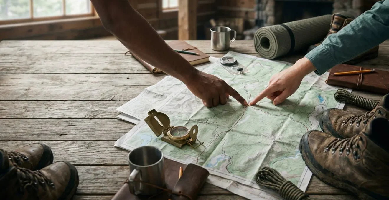 Couple examining hiking maps and outdoor gear together on wooden table