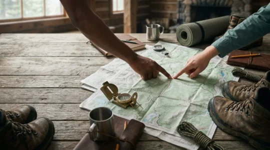 Couple examining hiking maps and outdoor gear together on wooden table