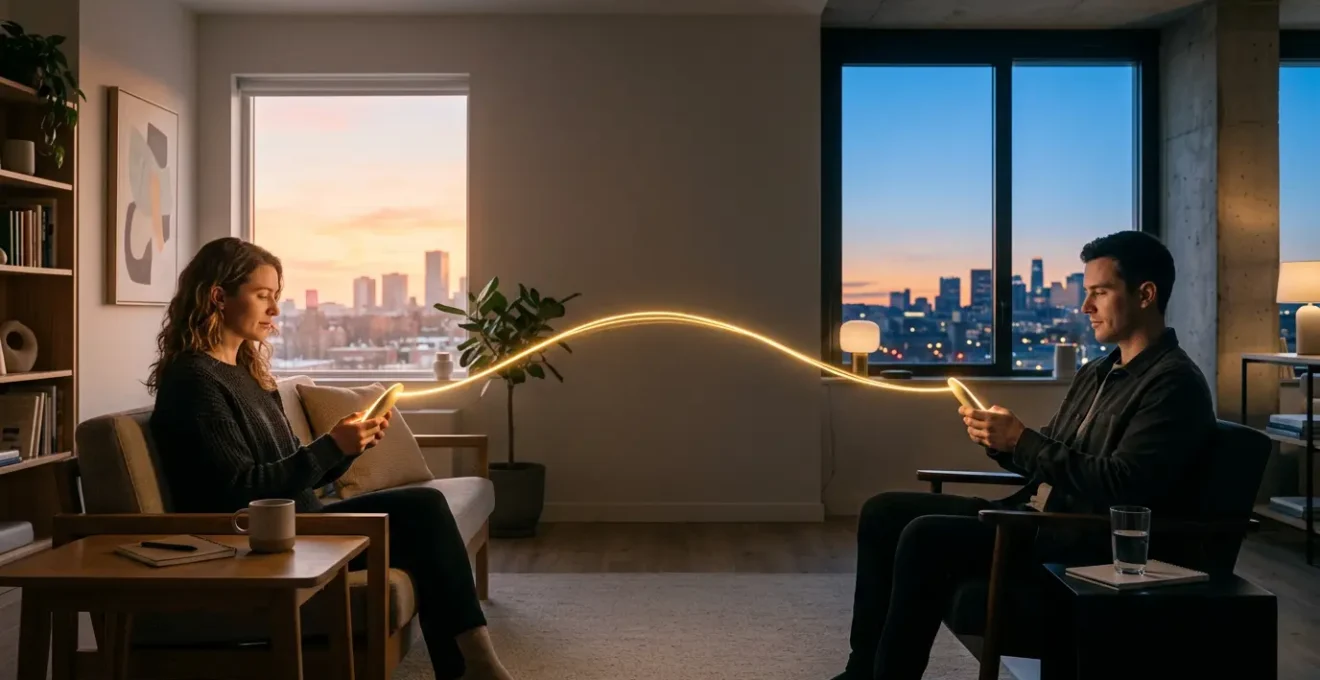 Man and woman in separate spaces connected by glowing light between devices