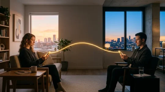 Man and woman in separate spaces connected by glowing light between devices