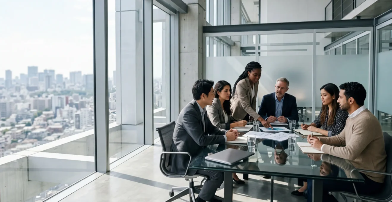 Diverse business professionals collaborating in modern office environment