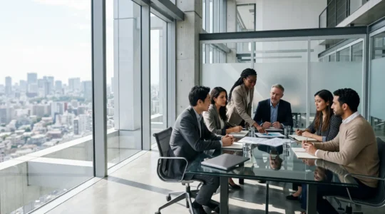 Diverse business professionals collaborating in modern office environment