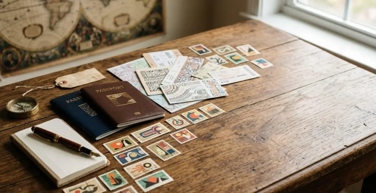 Couple reviewing wedding documents with passport and international maps spread on elegant table