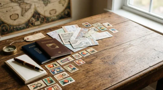 Couple reviewing wedding documents with passport and international maps spread on elegant table
