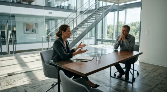 Professional negotiating salary with confident body language in modern office setting