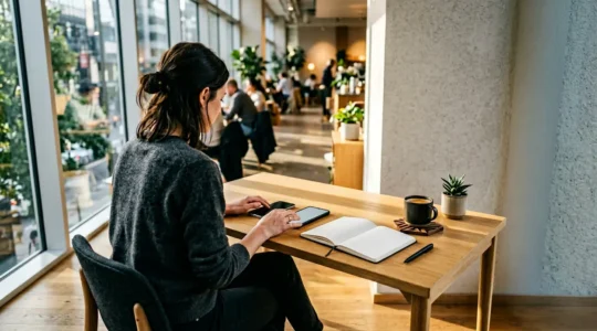 Professional freelancer working with multiple devices in modern workspace