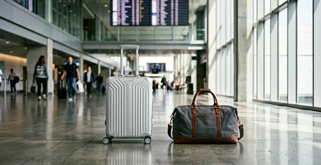 Comparison of hard shell and soft luggage at airport with travelers