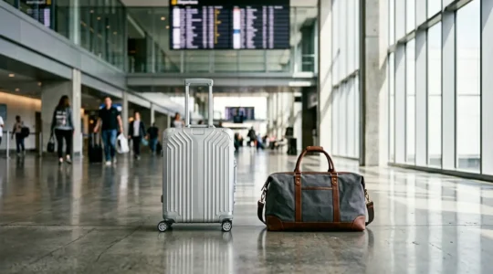 Comparison of hard shell and soft luggage at airport with travelers