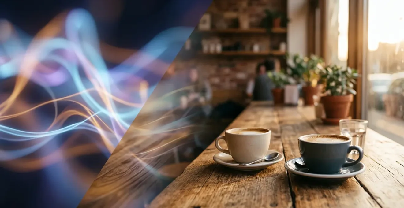 A split-screen composition showing digital chat bubbles on one side transforming into a real coffee date scene on the other