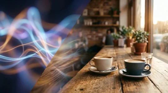 A split-screen composition showing digital chat bubbles on one side transforming into a real coffee date scene on the other