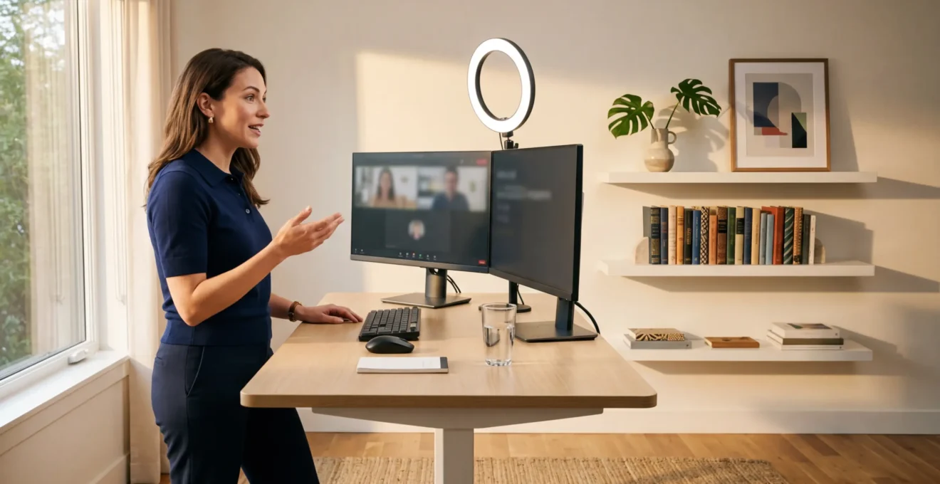 Professional working from modern home office with strategic setup for virtual meetings