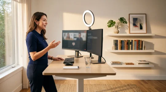 Professional working from modern home office with strategic setup for virtual meetings