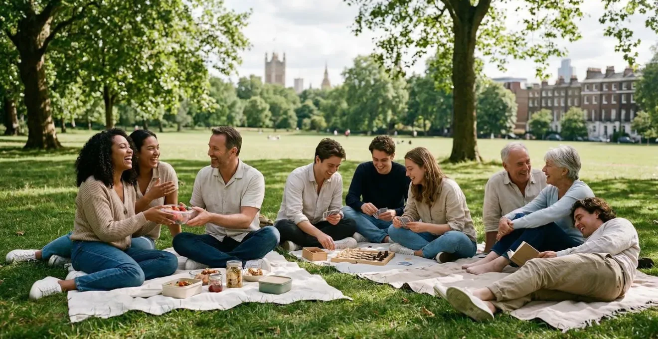 Diverse group of LGBTQ+ friends enjoying a community gathering in a London park