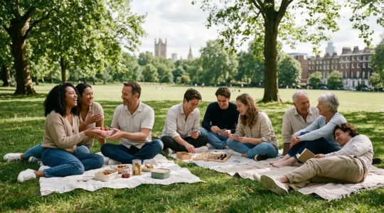 Diverse group of LGBTQ+ friends enjoying a community gathering in a London park