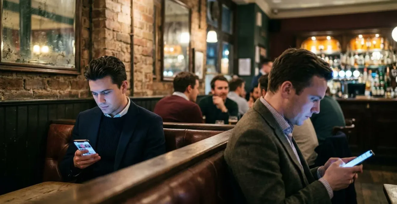 Two men browsing dating profiles on smartphones in a London pub setting