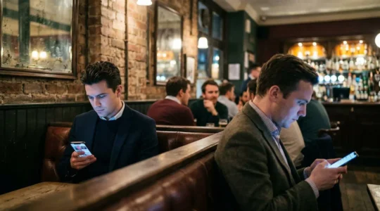 Two men browsing dating profiles on smartphones in a London pub setting