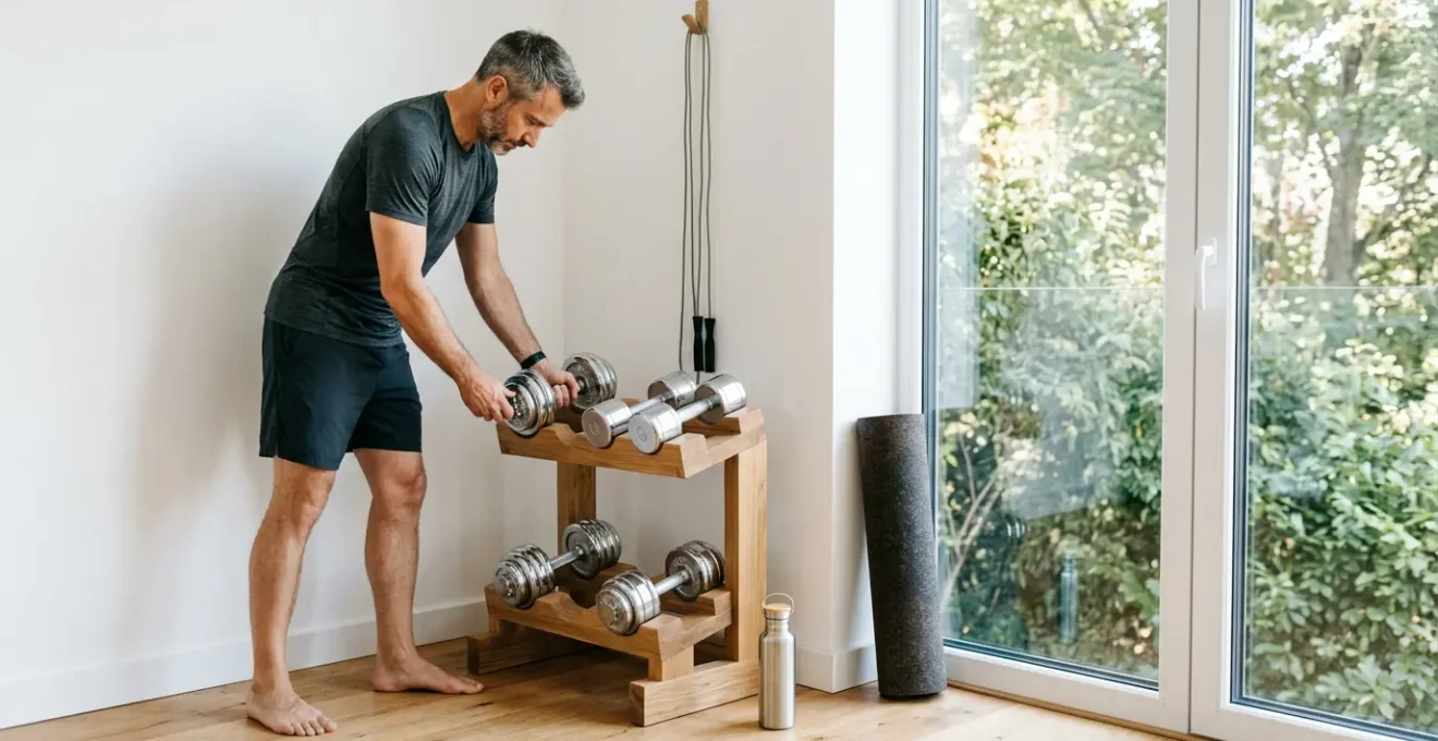 Middle-aged man adjusting adjustable dumbbells in minimalist home gym space