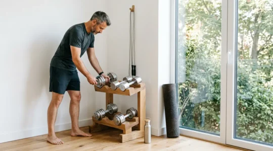 Middle-aged man adjusting adjustable dumbbells in minimalist home gym space