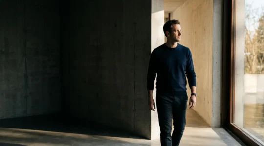 A man standing at a crossroads between darkness and light, symbolizing the struggle with depression and the path to recovery