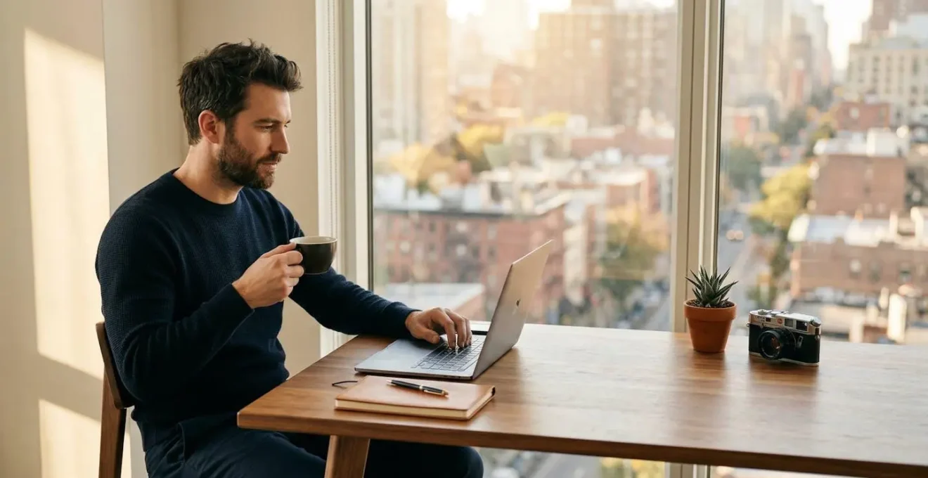 Professional man thoughtfully working on his dating profile in a modern workspace with warm natural lighting