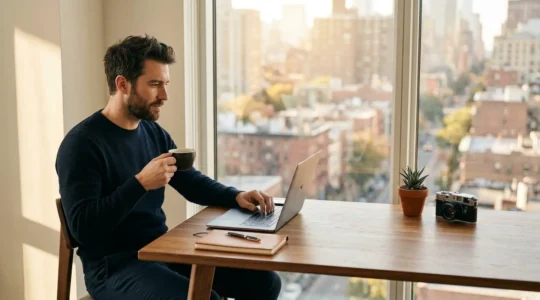 Professional man thoughtfully working on his dating profile in a modern workspace with warm natural lighting