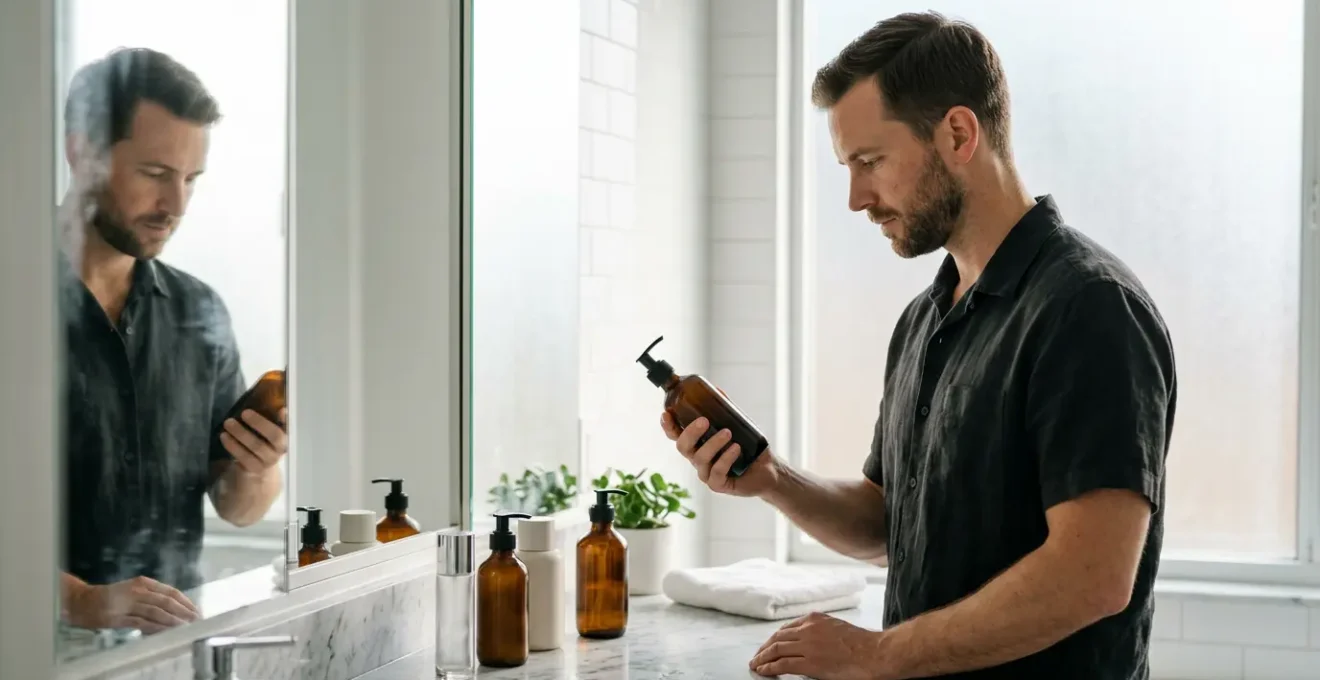 A man in his 30s examining his skincare routine products in a modern bathroom with natural morning light