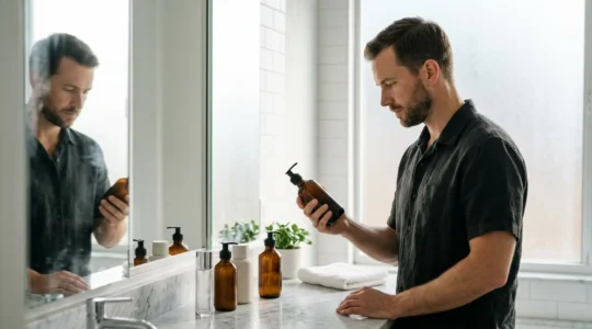 A man in his 30s examining his skincare routine products in a modern bathroom with natural morning light