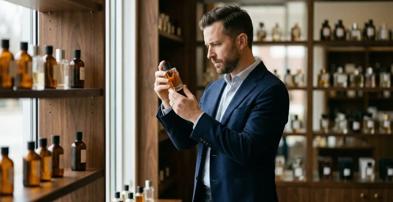 A sophisticated man exploring fragrances in a luxurious perfume boutique
