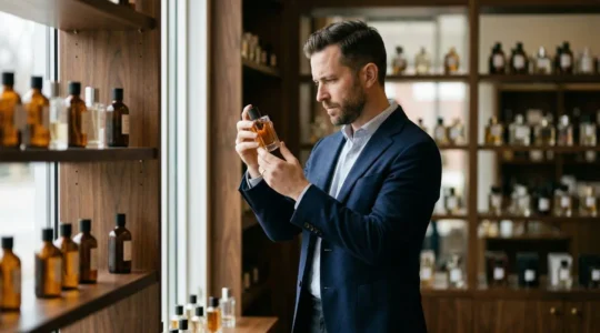 A sophisticated man exploring fragrances in a luxurious perfume boutique
