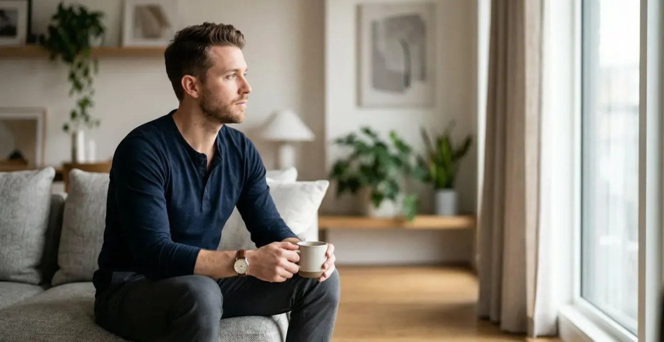 Man thoughtfully preparing for an important relationship conversation in a modern apartment setting