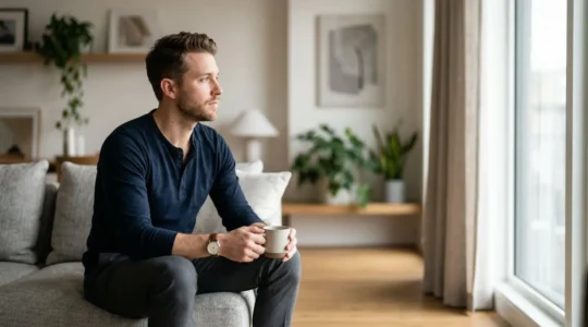 Man thoughtfully preparing for an important relationship conversation in a modern apartment setting