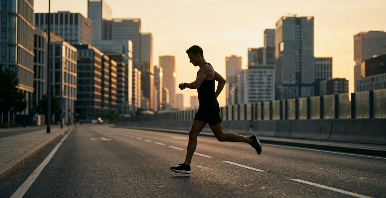 Runner adjusting smartwatch during marathon training on city street