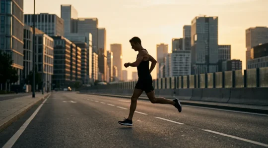 Runner adjusting smartwatch during marathon training on city street