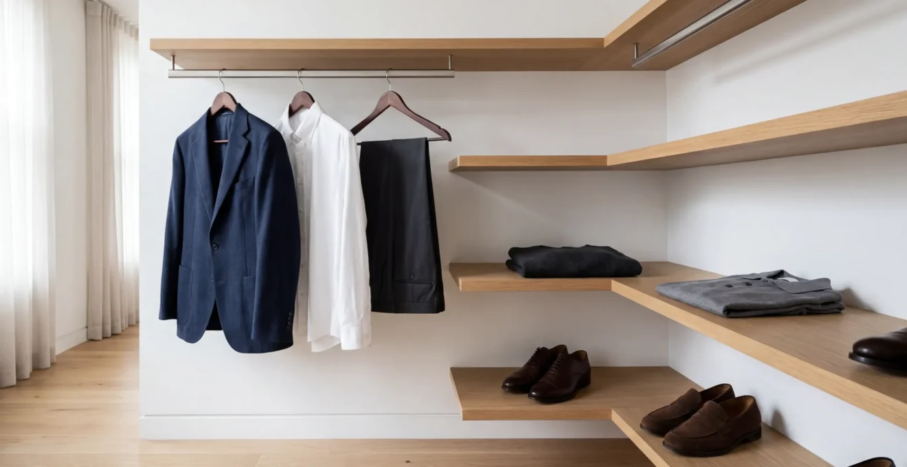 Professional men's capsule wardrobe essentials arranged on minimalist shelving