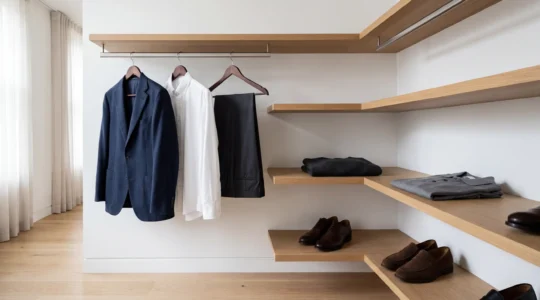 Professional men's capsule wardrobe essentials arranged on minimalist shelving