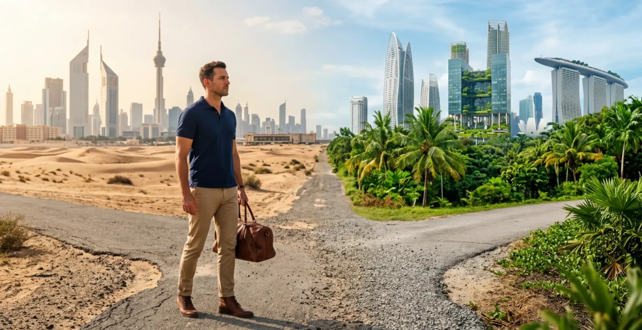Professional man in his 30s standing between architectural styles representing Dubai and Singapore skylines