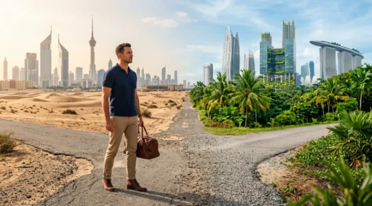 Professional man in his 30s standing between architectural styles representing Dubai and Singapore skylines