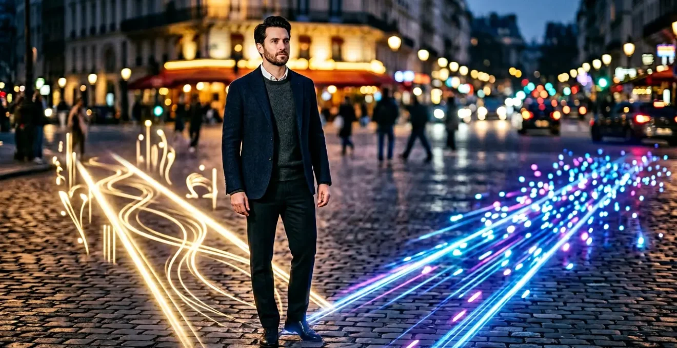 Man contemplating between multiple smartphone screens showing different dating app interfaces