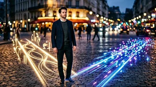 Man contemplating between multiple smartphone screens showing different dating app interfaces